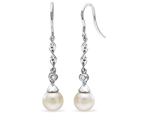 14k White Gold 6.5mm Akoya Pearl & Diamond Drop Earrings 